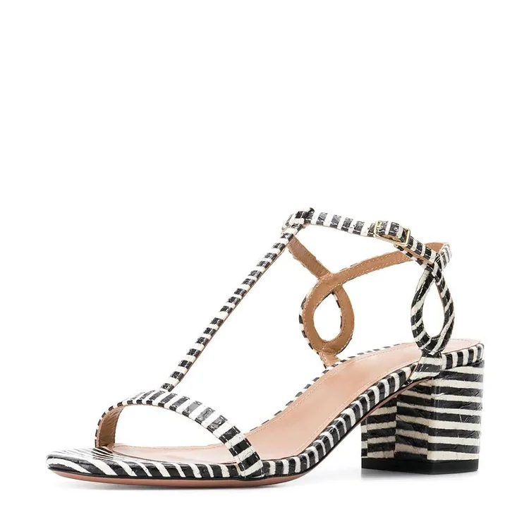 Black and White Stripe T Strap Block Heel Sandals |FSJ Shoes