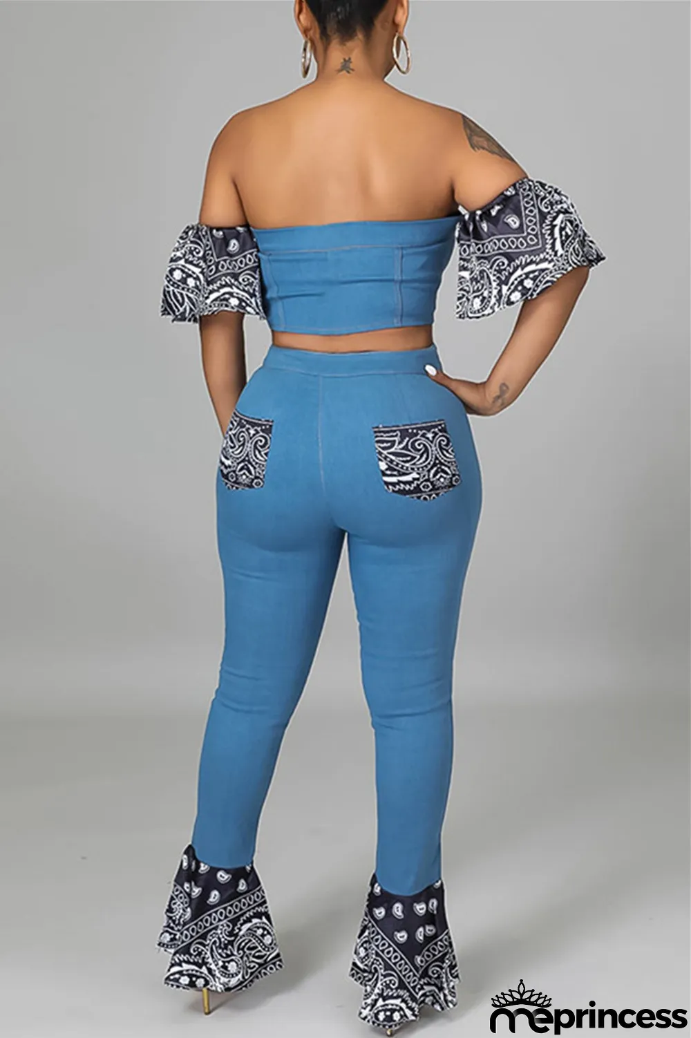 Dark Blue Sexy Casual Patchwork Backless Strapless Short Sleeve Two Pieces