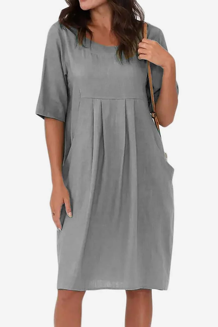 Round Neck Half Sleeve Pocket Pleated Linen Casual MIni Dress