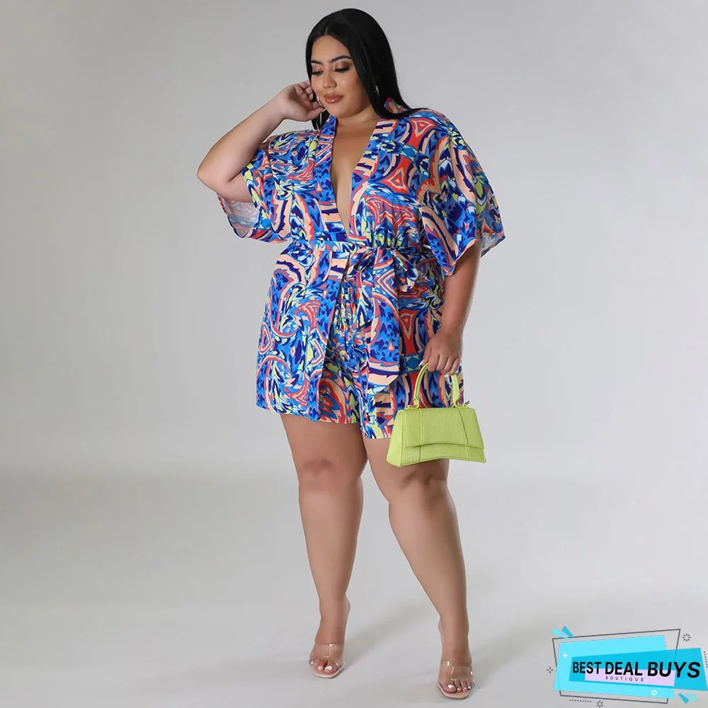Summer Plus Size Loose Print Blouse Lace-Up Shorts Multi-Color Two-Piece Set