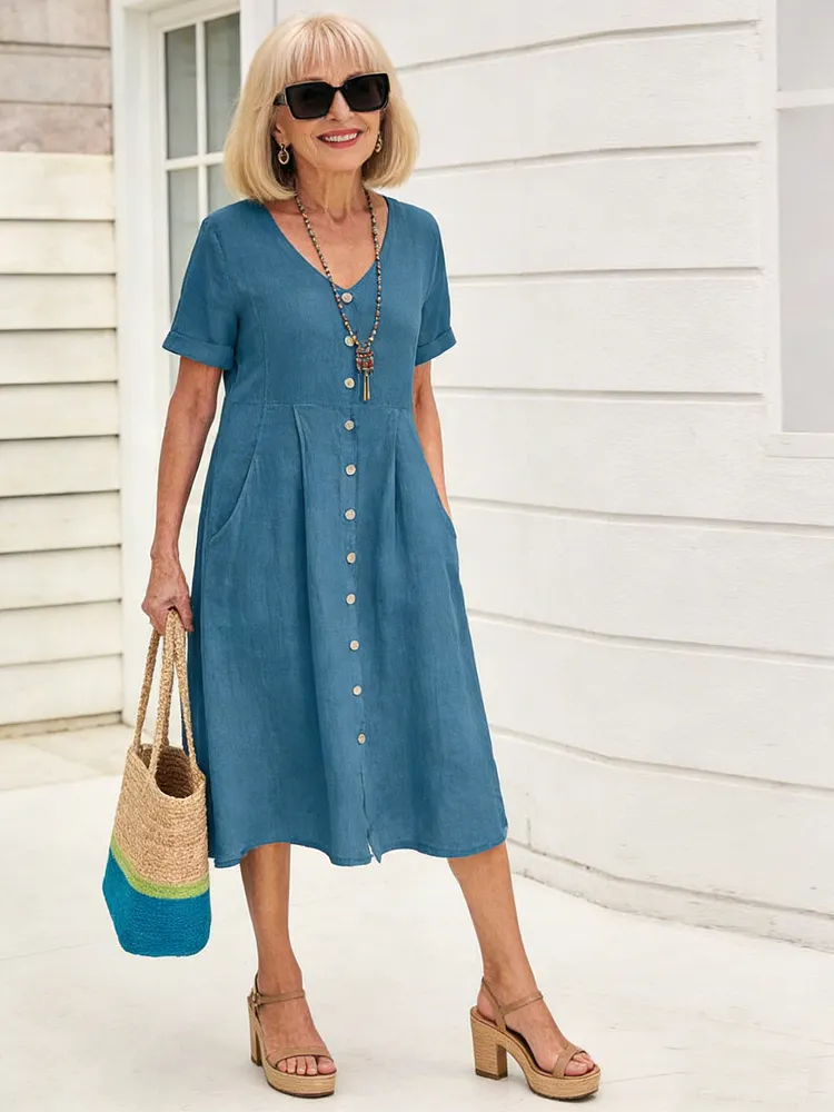 Solid Color Loose High Waist Cotton and Linen Dress
