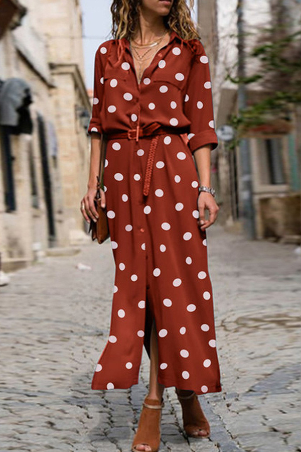 Casual Polka Dot Buckle Slit Turndown Collar Shirt Dress Dresses  (Without Belt) - Life is Beautiful for You - SheChoic