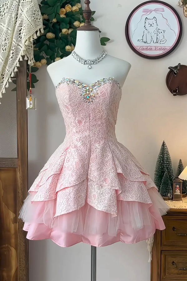 Ovlias Blushing Pink Strapless Sweetheart Homecoming Dress Pleated with Rhinestone CH0012