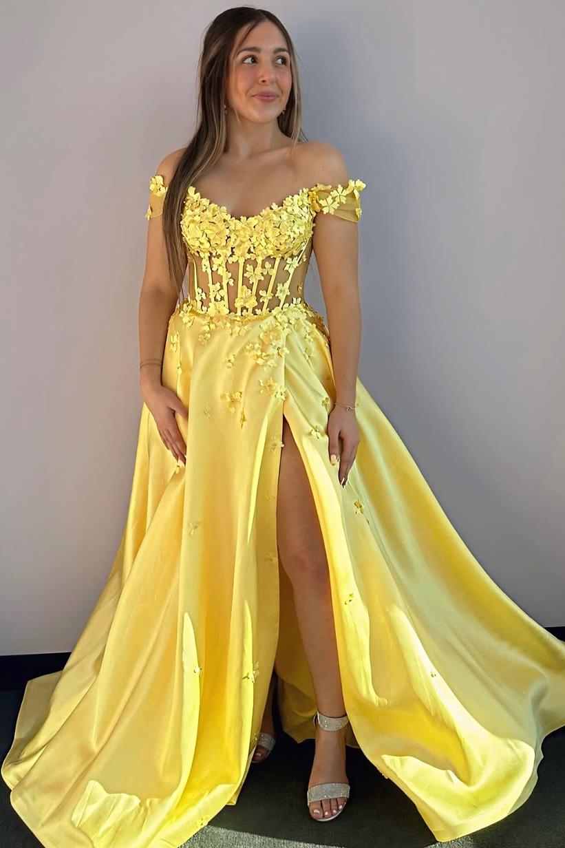 Lvs&Broner Off the Shoulder Sleeveless Long Split Prom Dress With Appliques