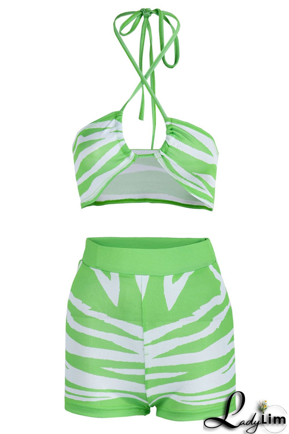Green Sexy Print Bandage Patchwork Backless Halter Sleeveless Two Pieces