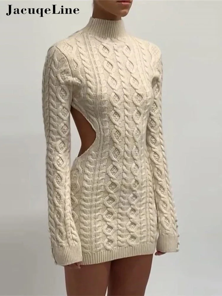 Jacuqeline Long Sleeve Sexy Backless Knitted Women Dress Mini Fashion Casual Warm Skinny Bodycon Sweater Dresses Autumn Winter