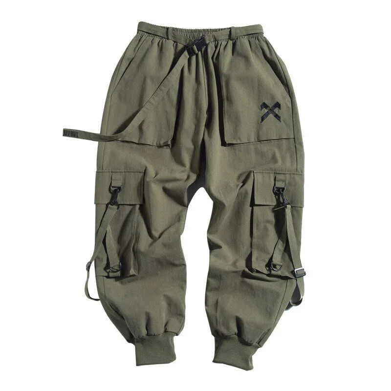 Techwear Ribbons Hip Hop Tactical Cargo Pants Men's Casual Letter Embroidery Streetwear Dance Sport Pencil Pants Male Trousers