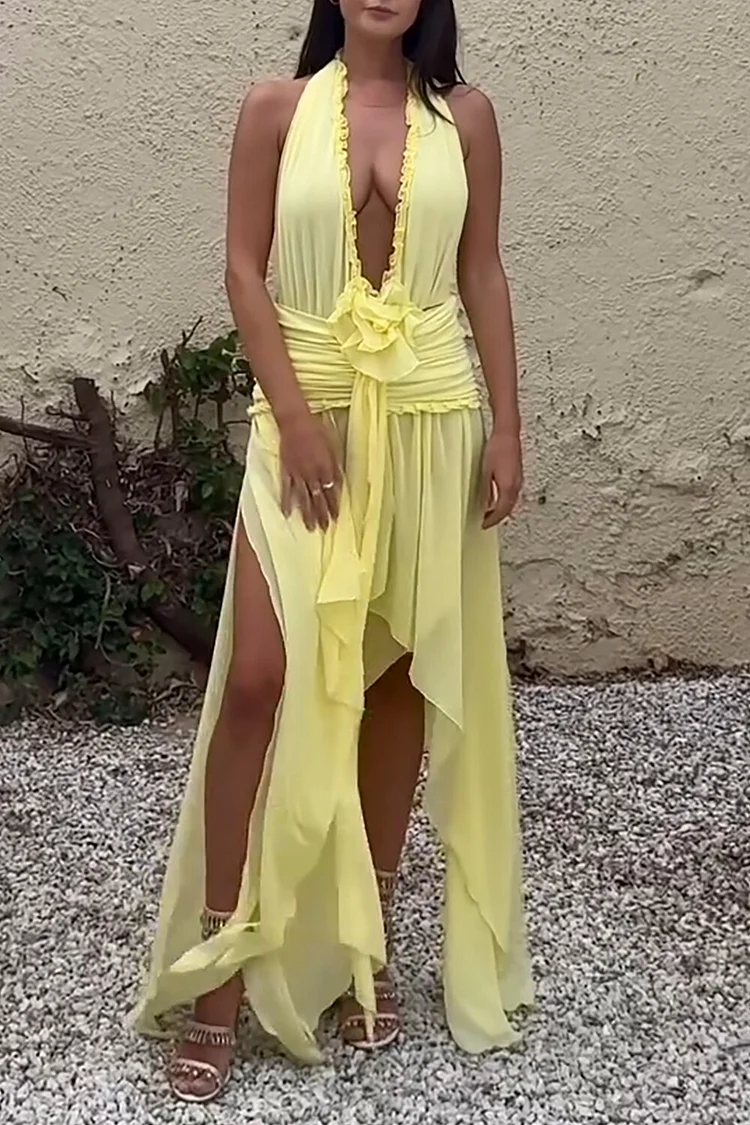 3D Flower Decor Halter Ruched Slit Irregular Maxi Dresses-Yellow [Pre Order]