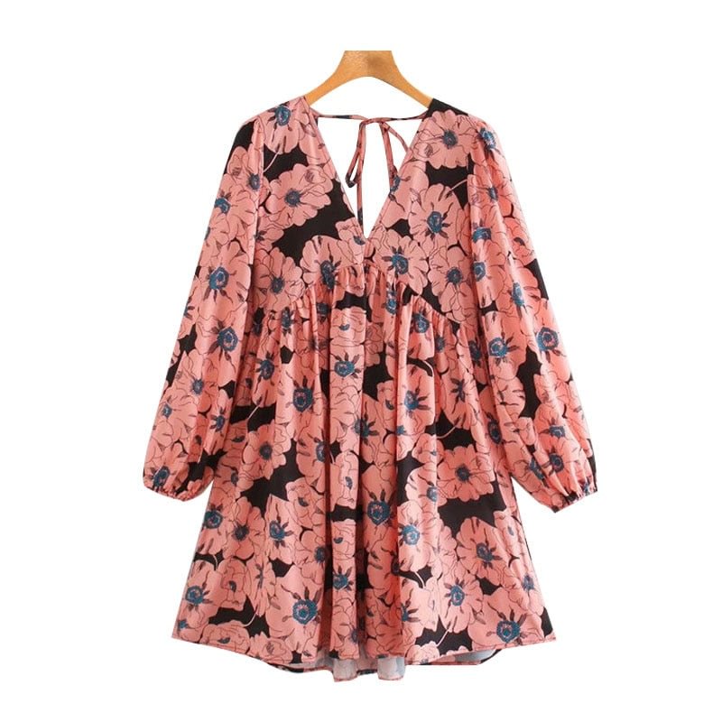 TRAF Women Chic Fashion Floral Print Pleated Mini Dress Vintage Puff Sleeve Backless Elastic Female Dresses Mujer