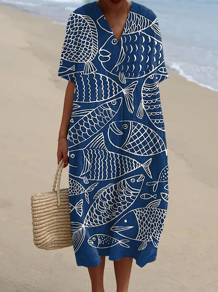 Women's Vintage Fish Art Print Flowy Dress