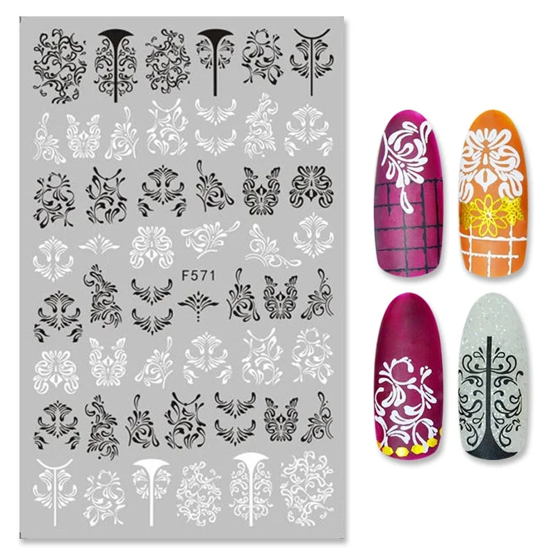 1PC Black White Leaves Flower 3D Nail Stickers Tropical Plants Mandala Leaf Geometry Transfer Decals Nail Art Decorations-Nail Inspo