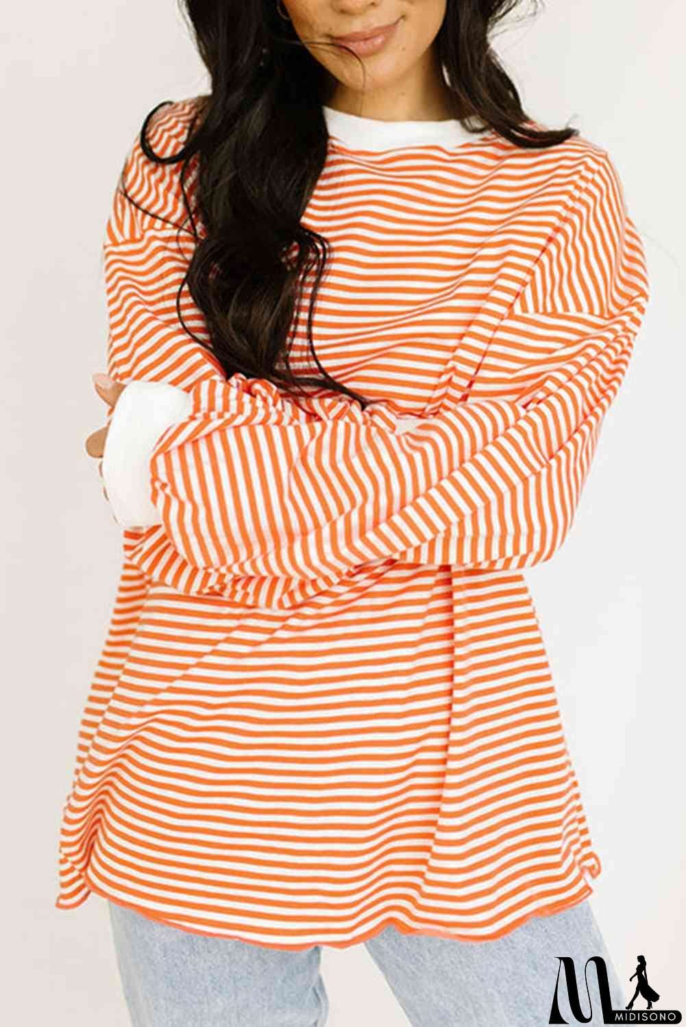 MidiSono - Striped Round Neck Long Sleeve Sweatshirt
