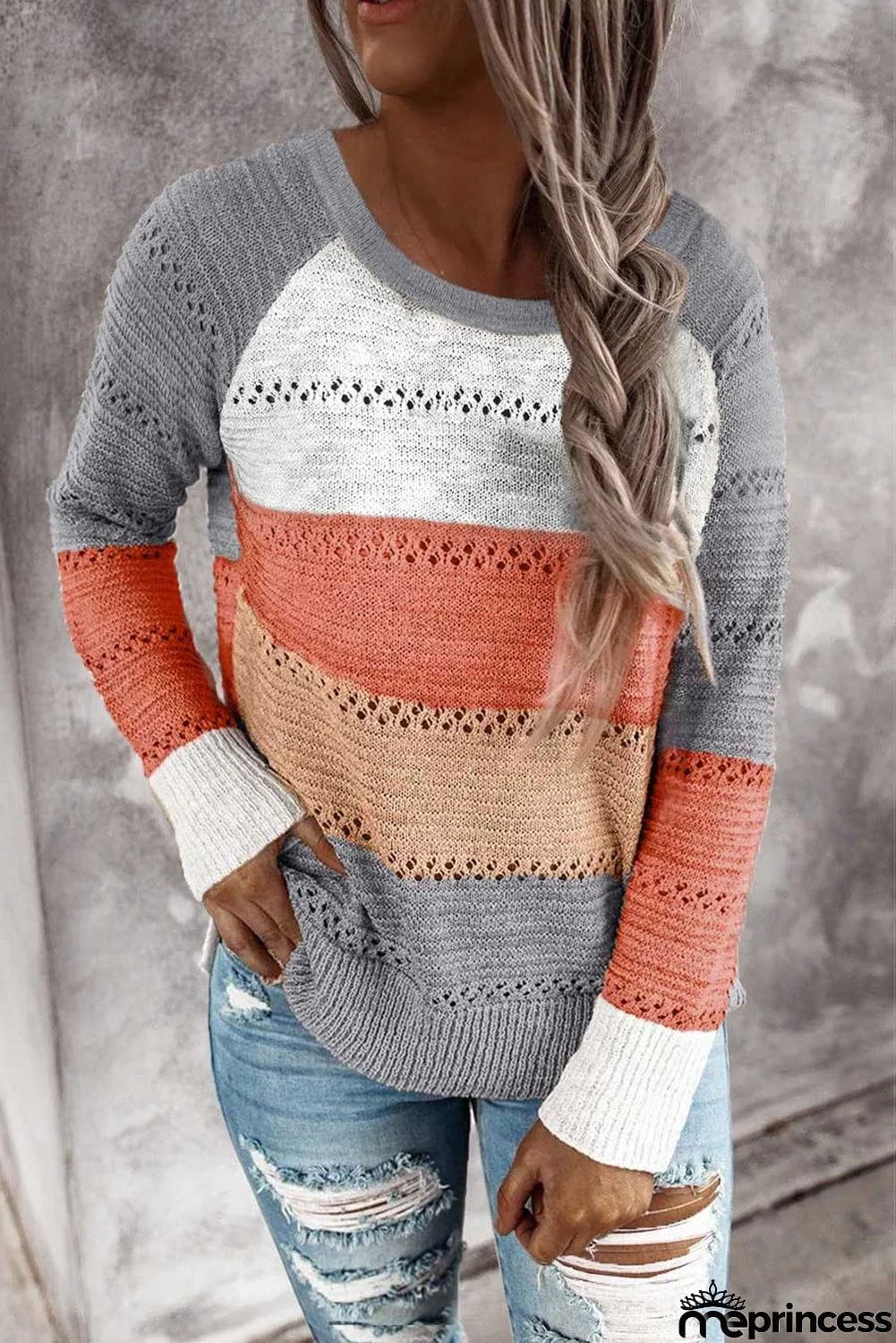 Multi-color Knitted Color Block Long Sleeve Crew Neck Sweater