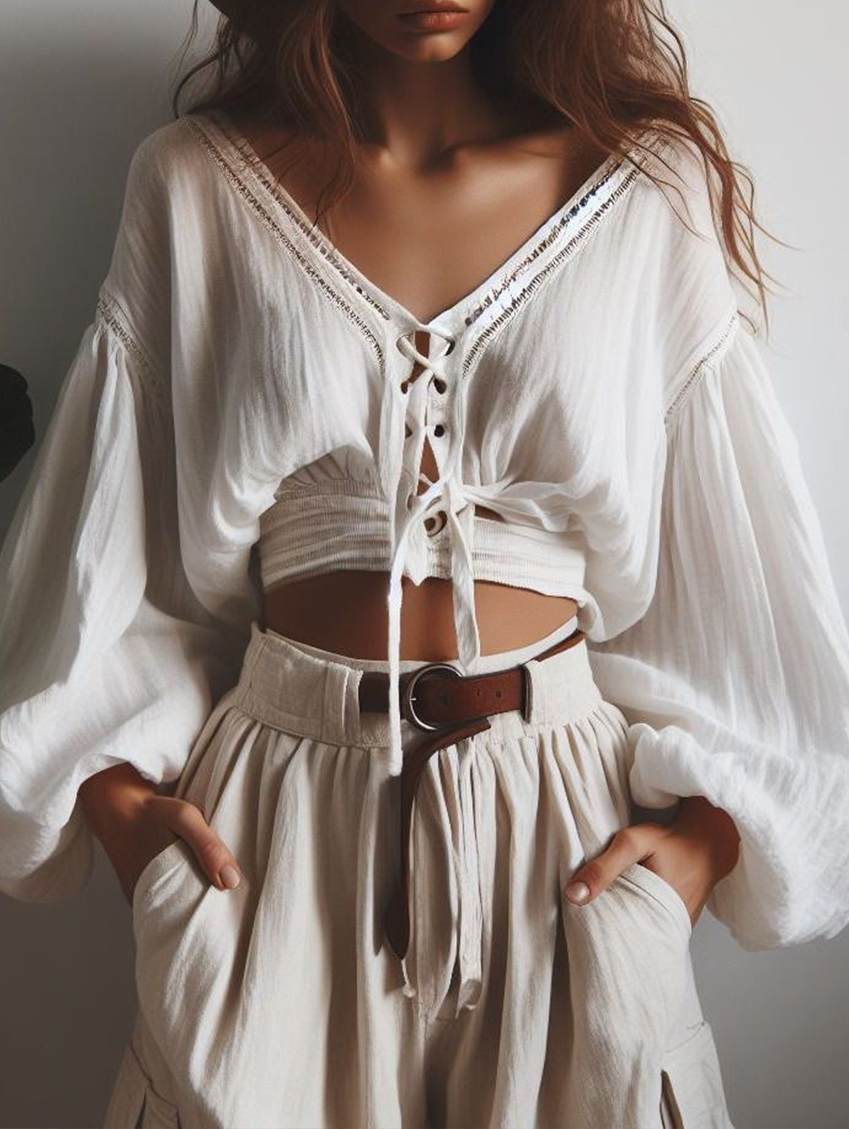 Casual V Neck Lantern Sleeve Lace-Up Cropped Blouse