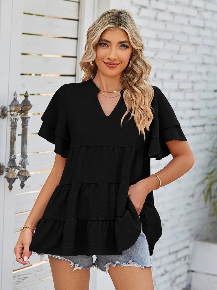 Summer Loose Blouses For Women 2023 Fashion Stitching V Neck Short Sleeve Elegant Office Work Lady Shirt Plus Size Casual Tops