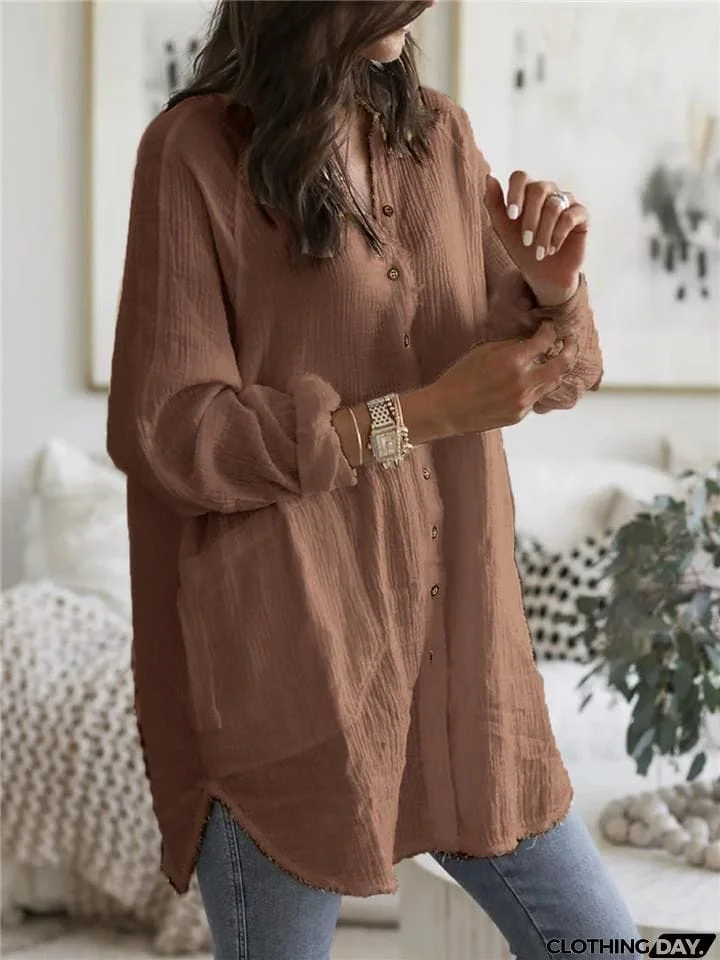 Baggy V Neck Solid Color Button Up Long Sleeve Midi Length Blouse