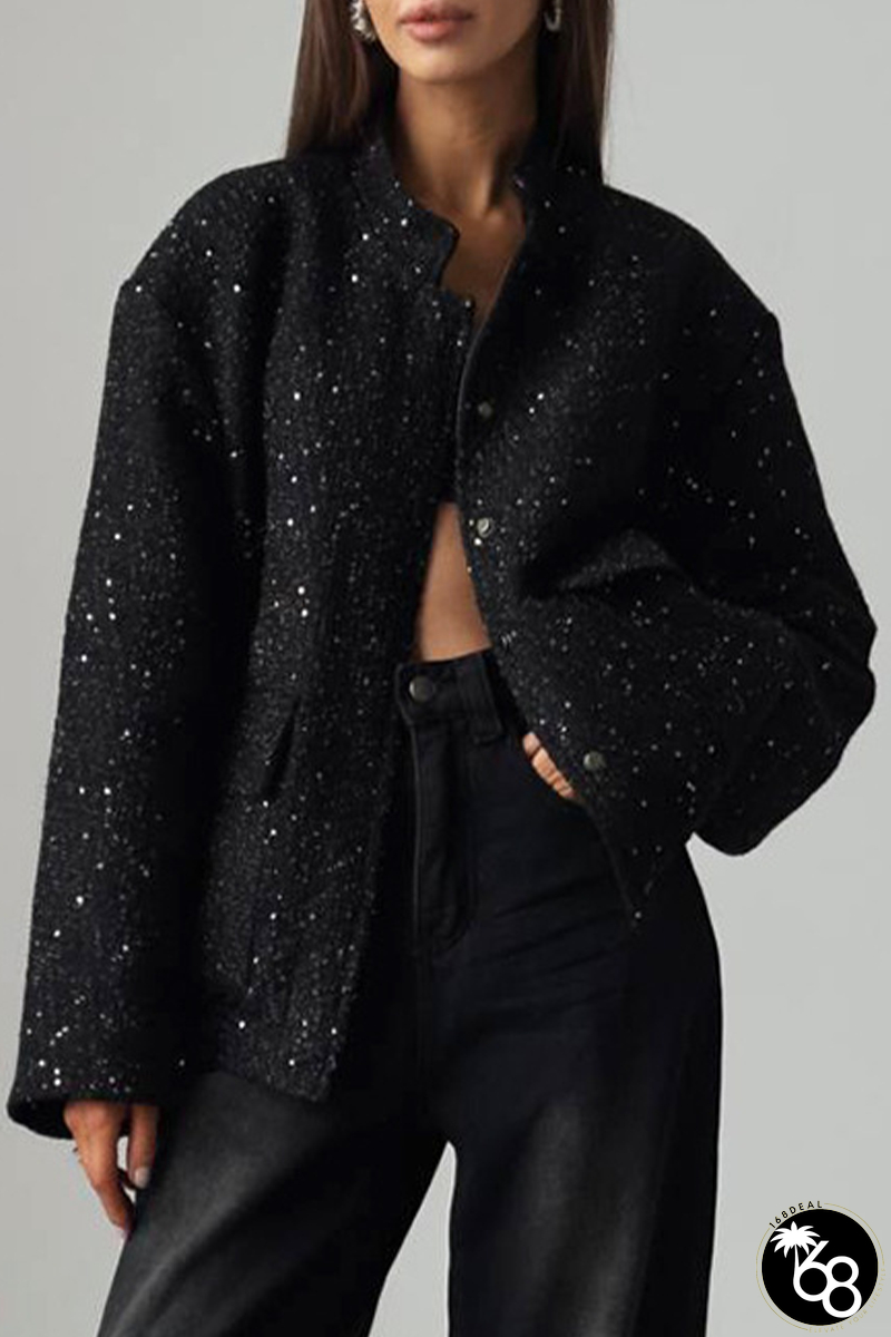 Casual Daily Solid Color Sequins Patchwork Mandarin Collar Outerwear | 168DEAL