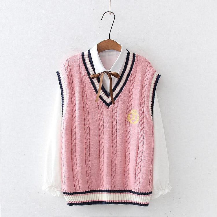 Crown Embroidery Lace-Up Shirt Colorblock Vest Set - Modakawa