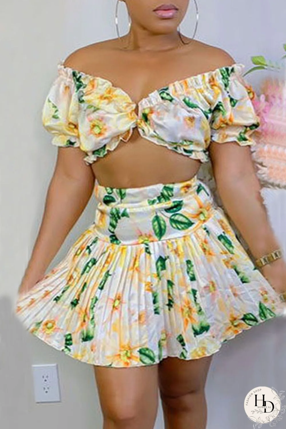 Tangerine Red Sexy Print Patchwork Off the Shoulder Short Sleeve Two Pieces