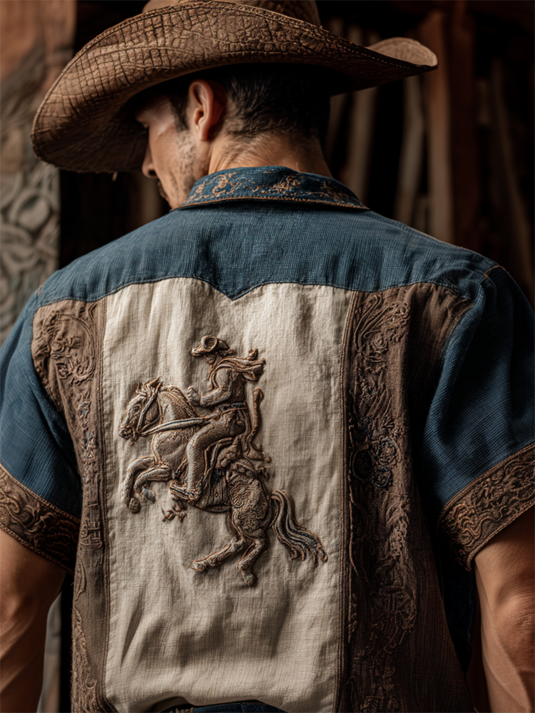Men's Western Rodeo Horse Art Patchwork Linen Shirt