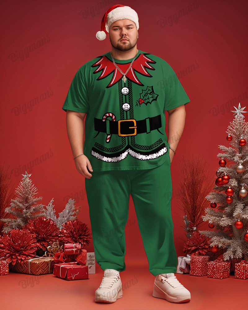 Men's Plus Size Christmas Green Elf Cosplay Printed T-Shirt Trousers Suit