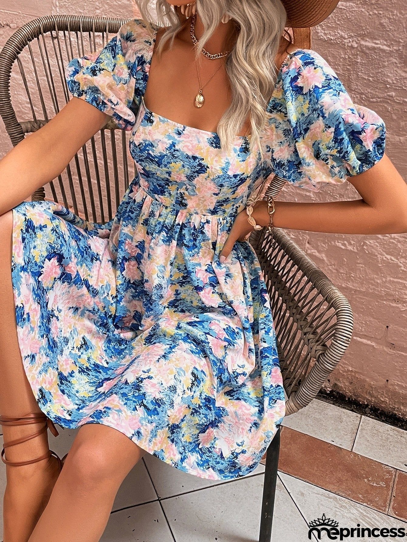 Floral Square Neck Puff Sleeve Dress