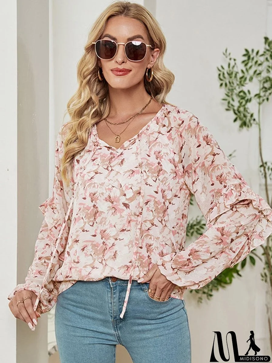 Long Sleeve Floral Printed Loose Chiffon T-Shirt