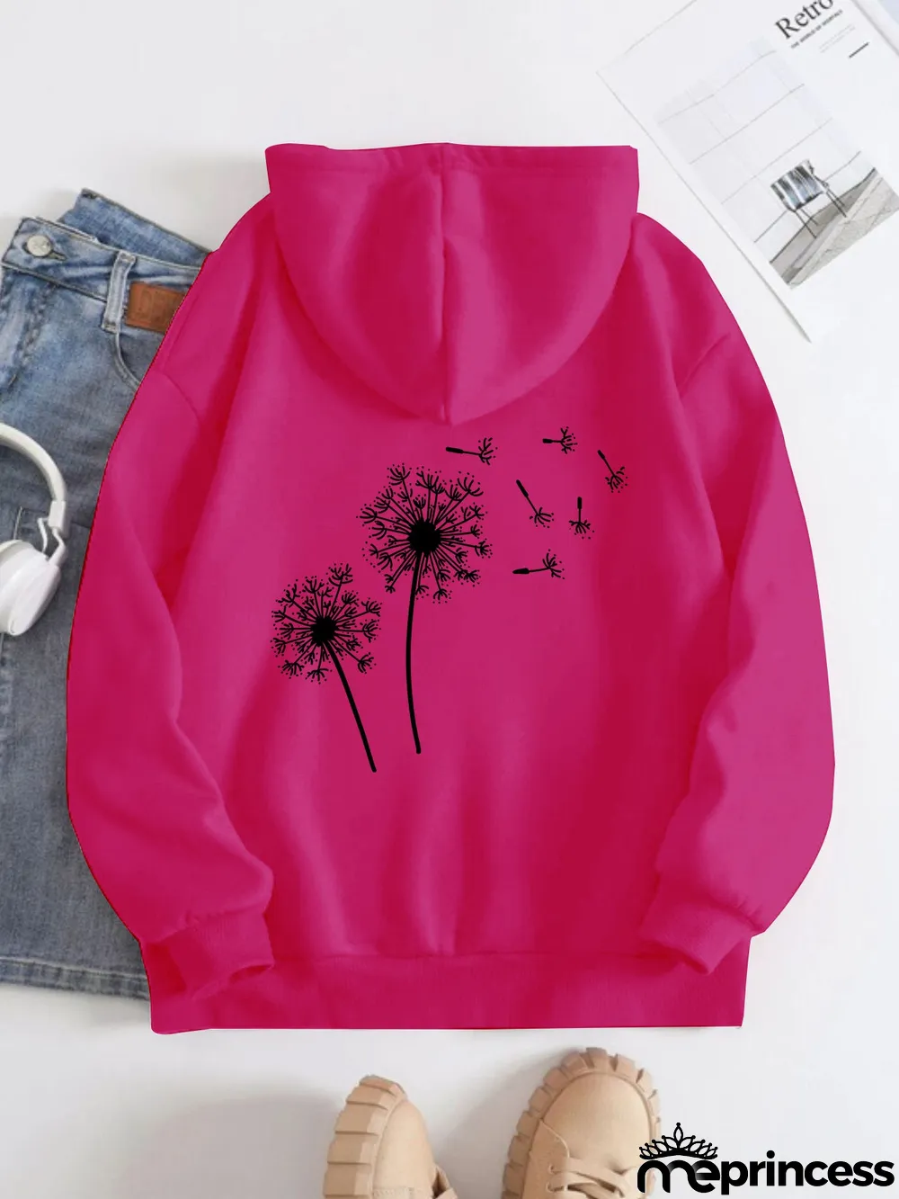 Printed on the Back Kangaroo Pocket Hoodie Long Sleeve for Women Pattern Dandelion