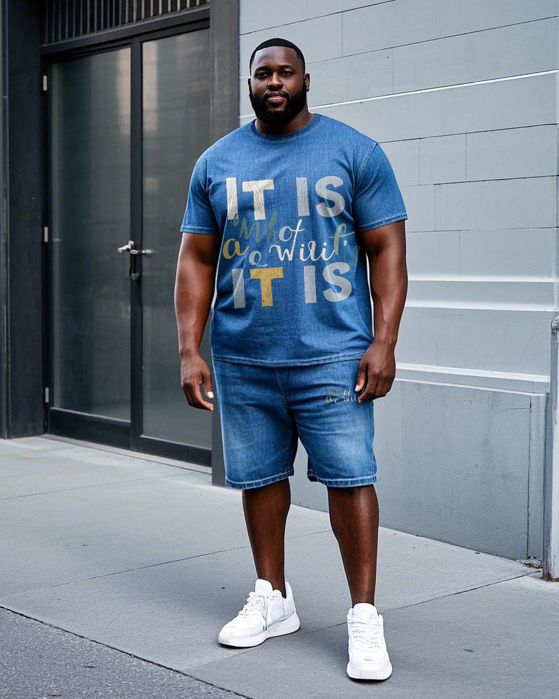 Big Men's Casual Street Fashion IT IS Letter Printed Washed Denim Short Sleeve T-shirt Shorts Set