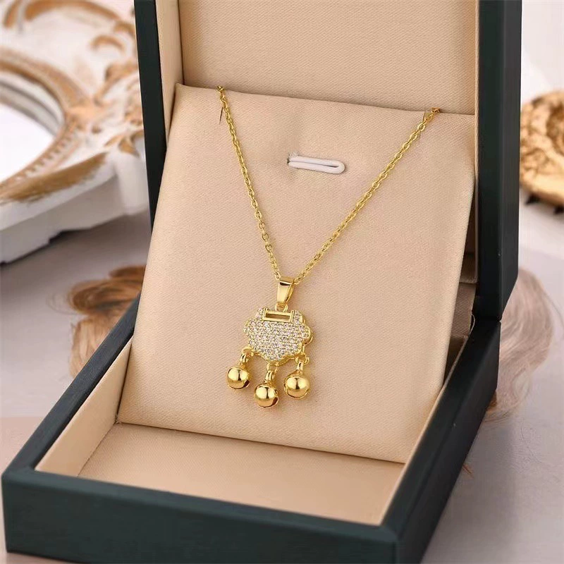 Chinese lock Pendant Cubic zircon gold plated Necklace