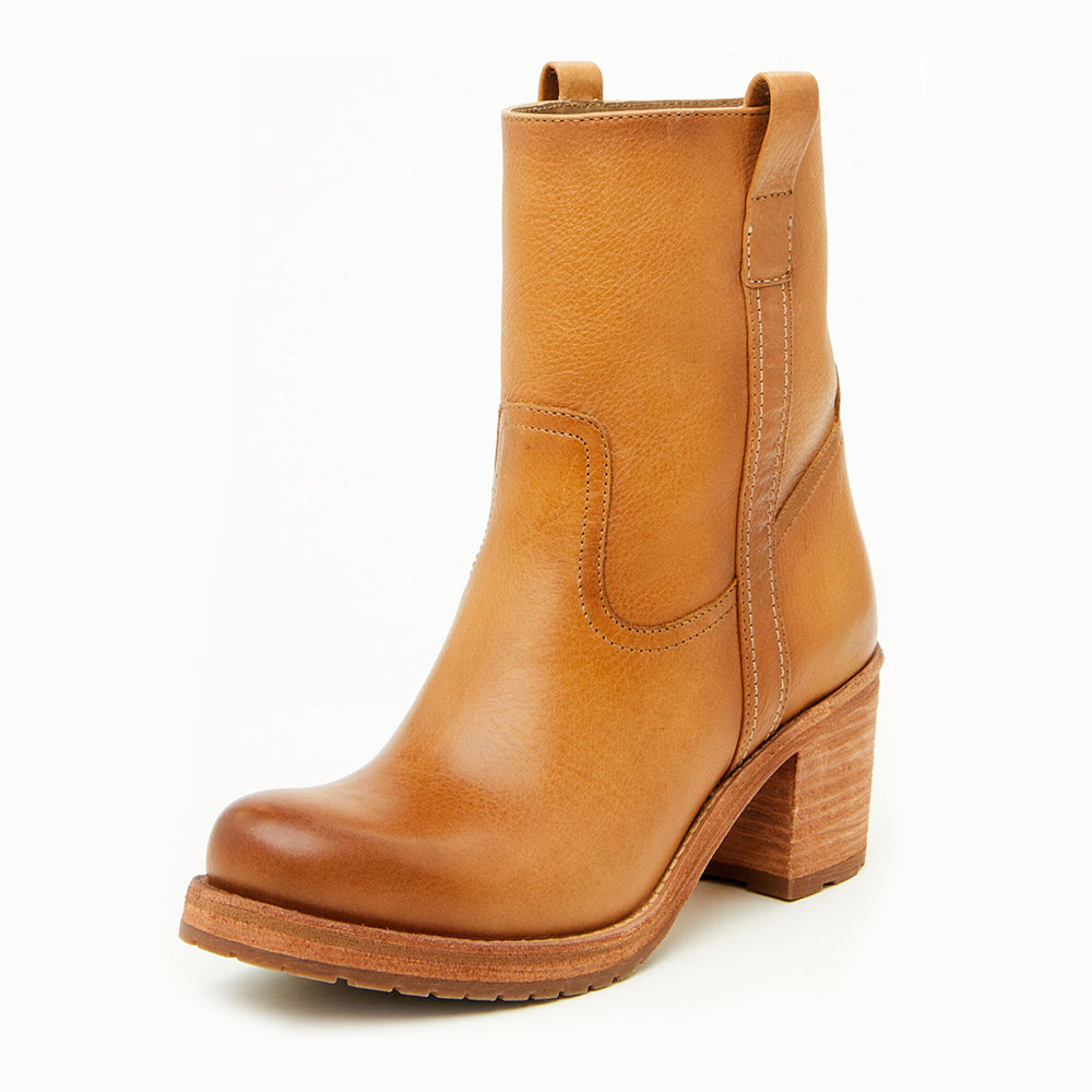 Tan Round Toe Stacked Heel Vegan Leather Ankle Boots for Women Nicepairs