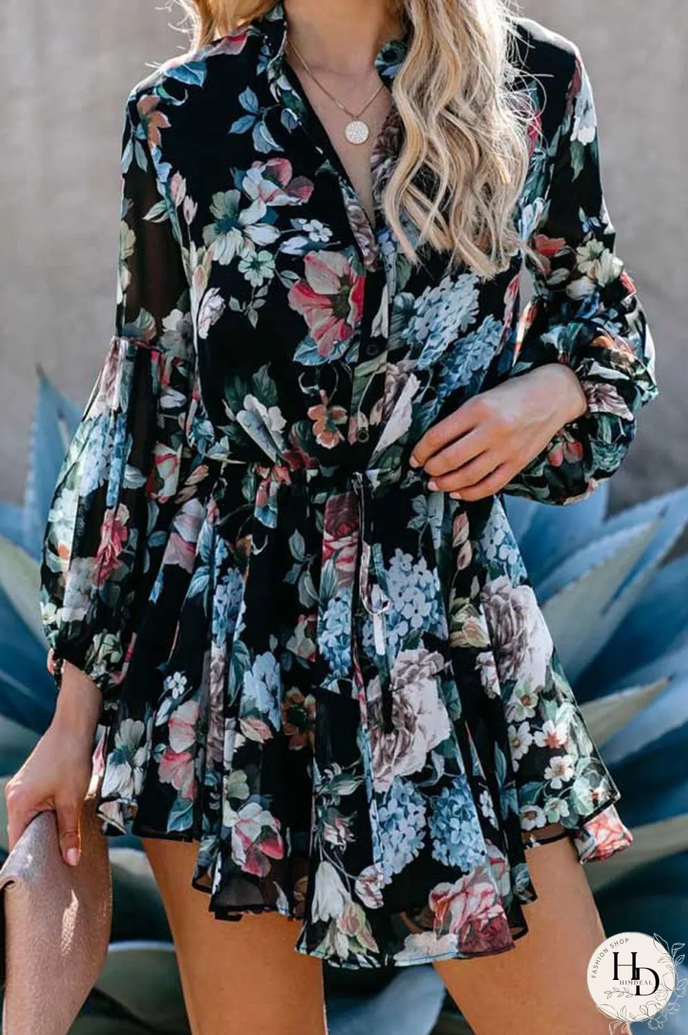Fashion Floral Print Shirt Dress