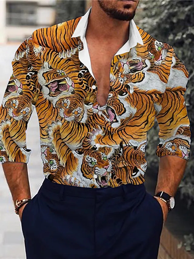 men's shirt 3d print graphic prints tiger animal turndown street holiday 3d print button-down long sleeve tops casual fashion designer breathable yellow