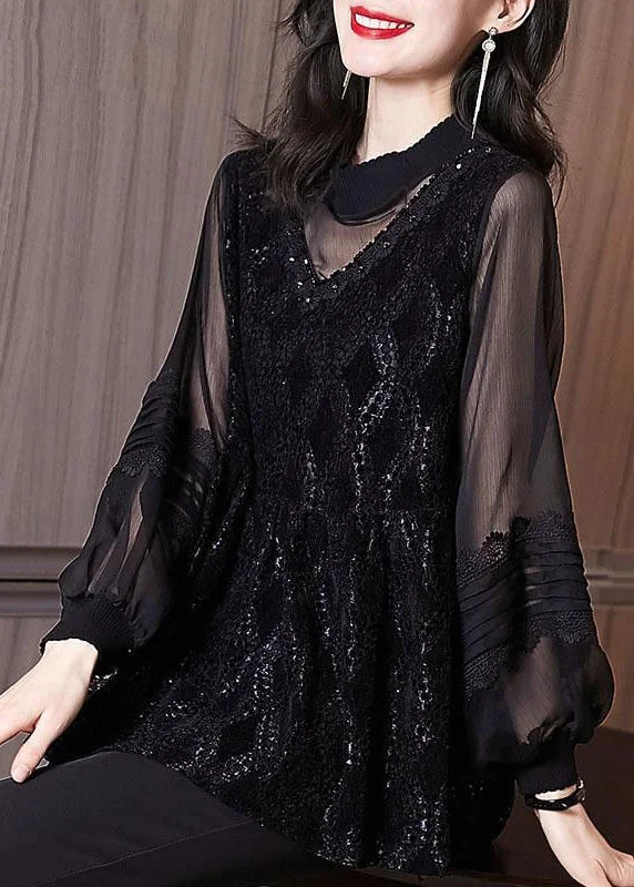 Women Black Embroideried Hollow Out Patchwork Lace Top Lantern Sleeve