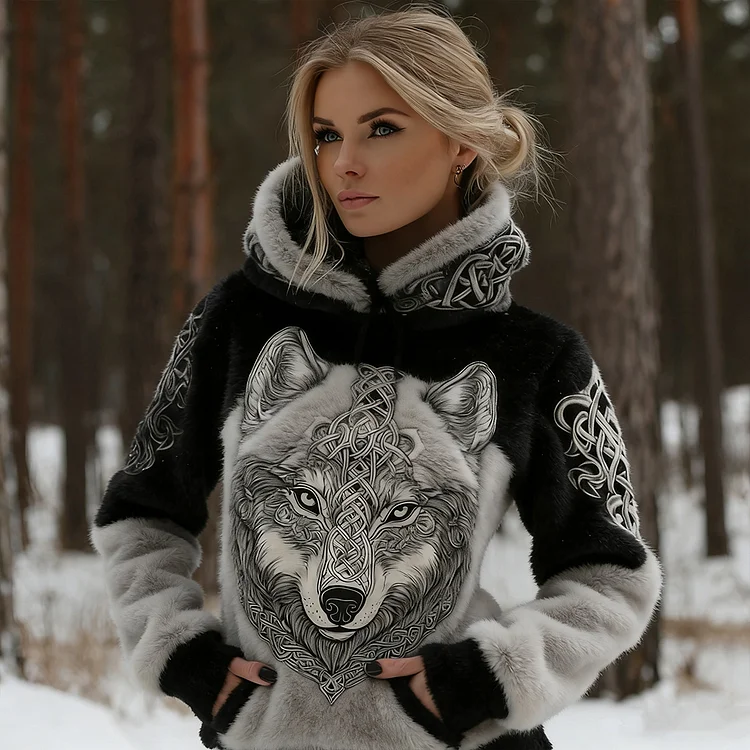 Women's Retro Viking Wolf Art Plush Hooded Sweatshirt