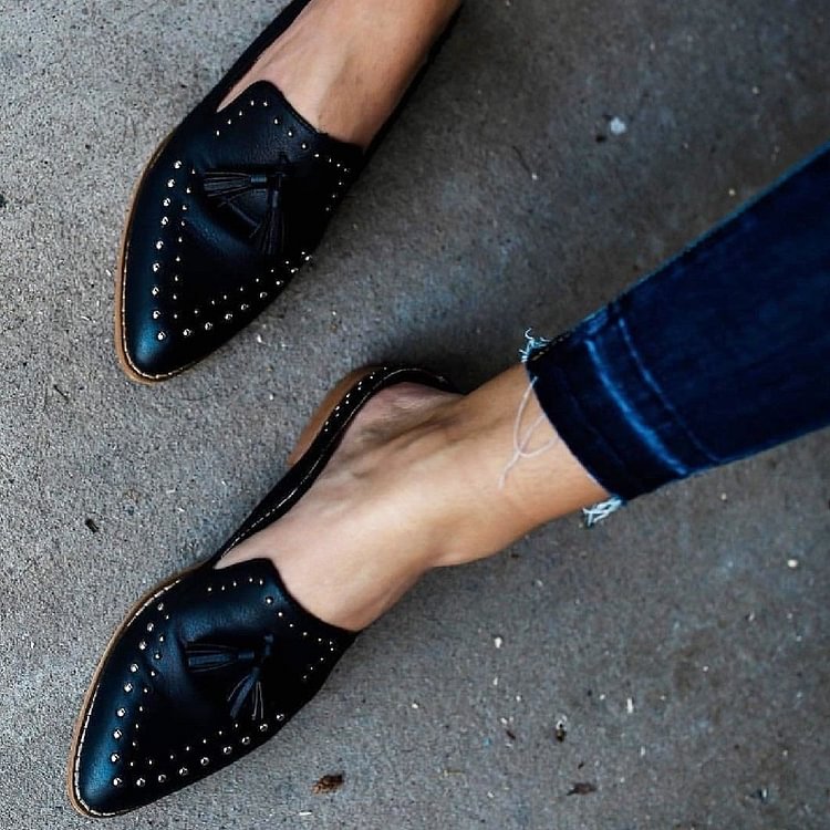 Black Studs Tassel Flat Mule Loafers for Women|FSJshoes