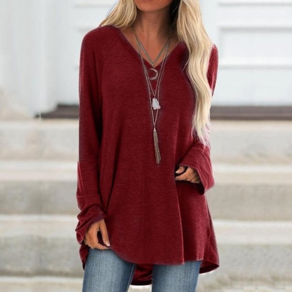 XS-8XL Women's Fashion Casual Autumn and Winter Clothes V-neck Solid Color Long Sleeve Tops Ladies Loose Tunic T-shirts Cotton Blouses Plus Size Pullover Sweatshirts - Shop Trendy Women's Fashion | TeeYours