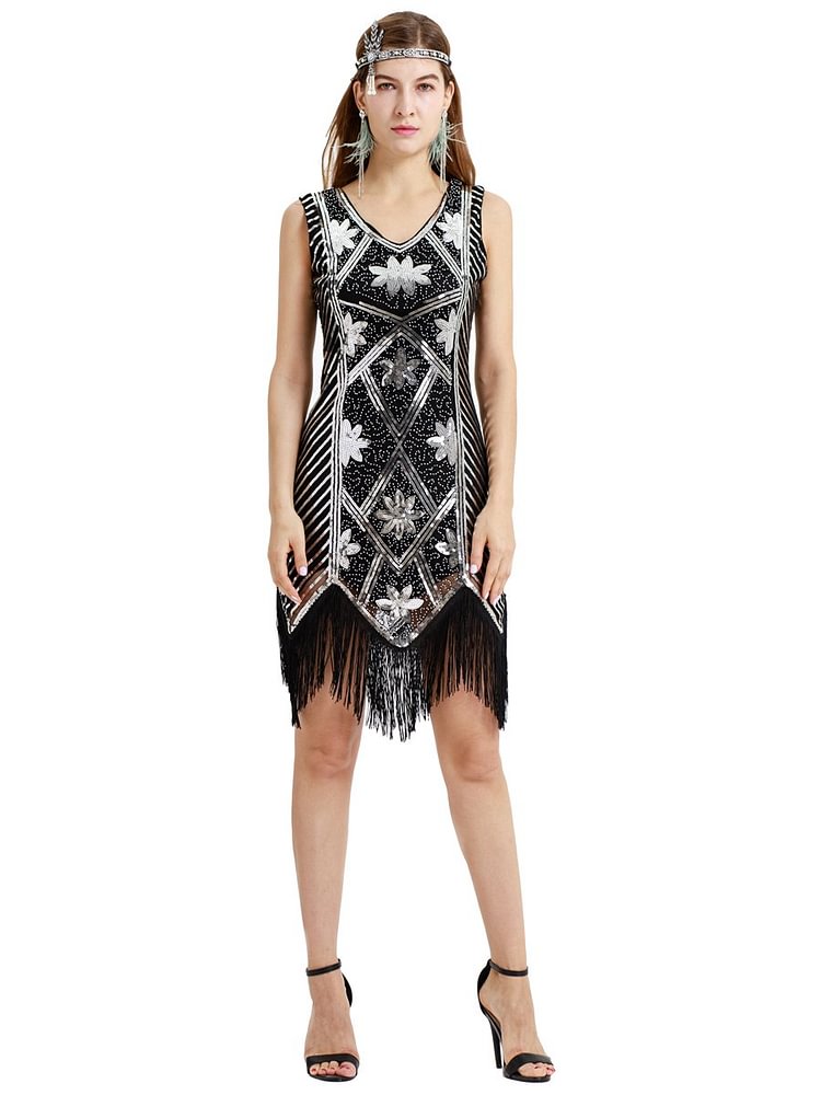 Mayoulove V-neck modern cocktail party fashion retro one-piece sequined fringed dress-Mayoulove