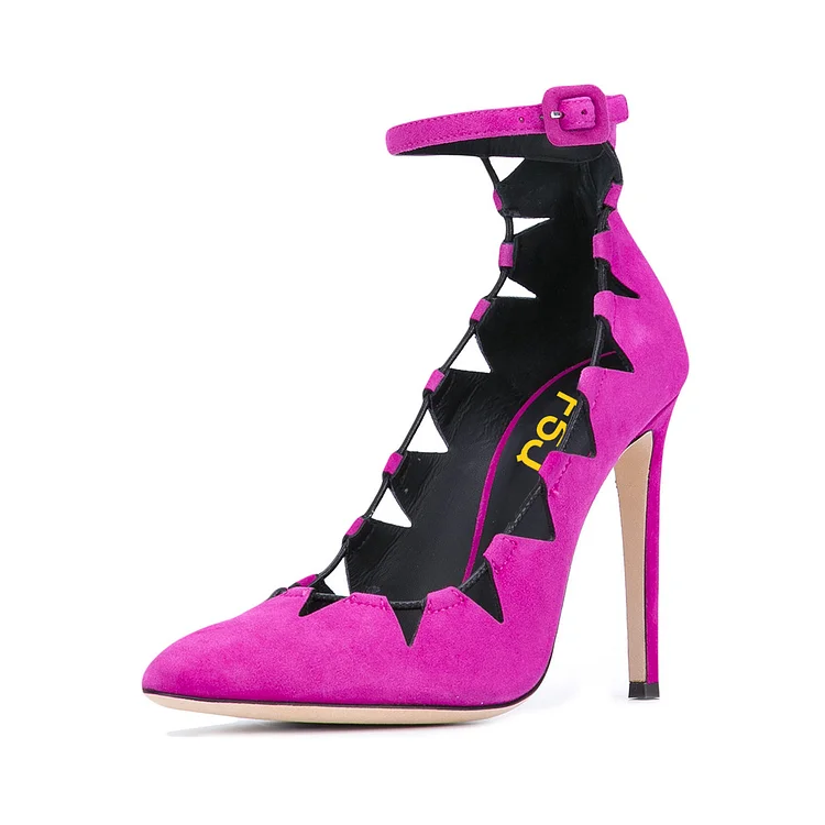 Women's Purple Suede Hollow-Out Ankle Strap Heels Shoes |FSJ Shoes