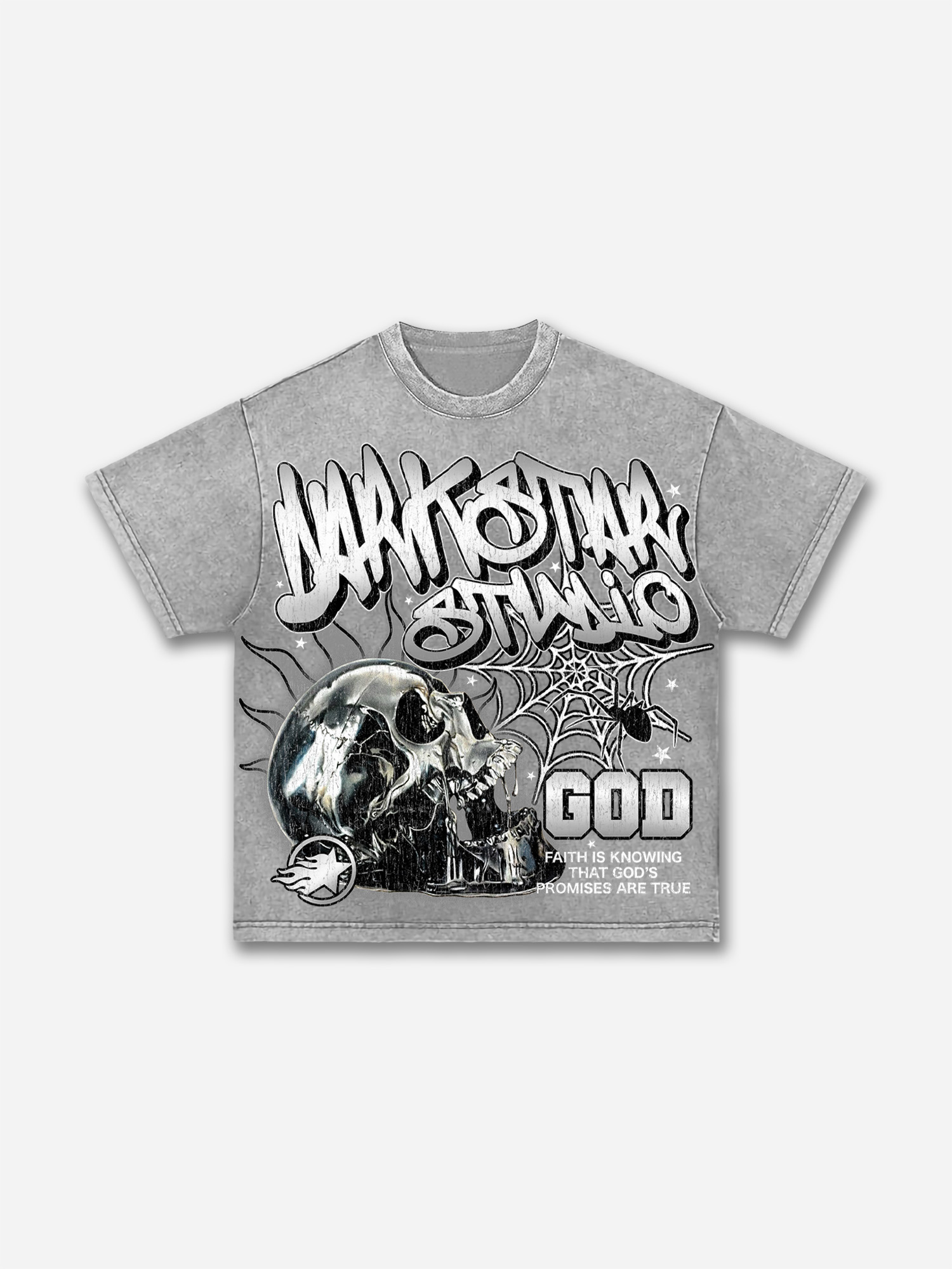 Darkstar-god's Skull Print Pattern Acid Wash T-shirt