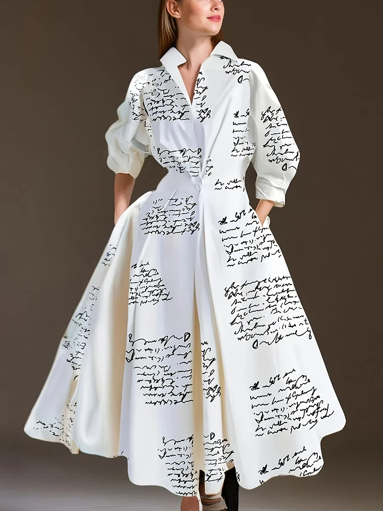 Long Sleeve Elastic Waist Large Swing Letter Printed Women's Commuter Fashion Dresse