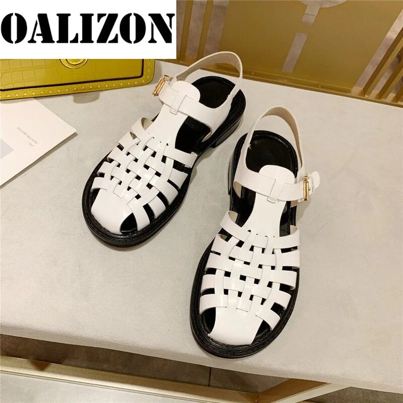New Summer Women's Casual Low Chunky Heels Sandals Flat Shoes Women Buckle Strape Slippers Hollow Out Woven Sandals Shoes Woman