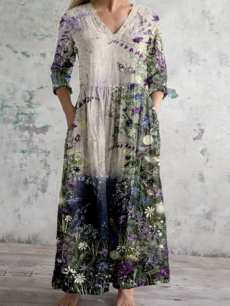 Vintage Floral Art Pattern Linen Blend Maxi Dress