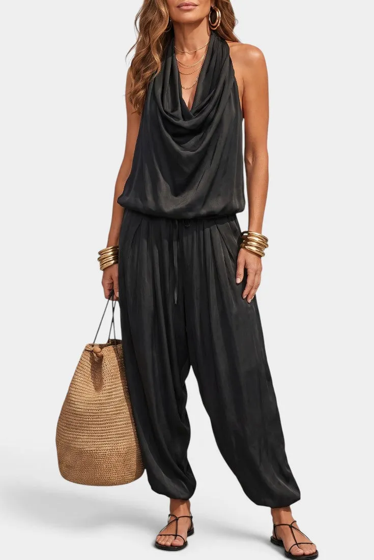 Draped Cowl Halter Jumpsuit with Flowy Harem Trousers