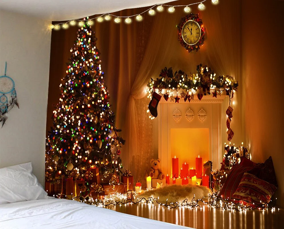 Christmas Tree Fireplace Warm Family Wall Hanging Backdrop Home Room Decoration Gift Tapestry