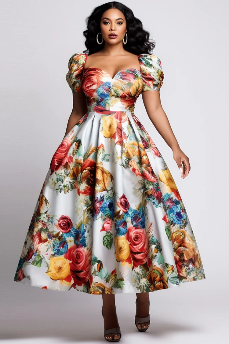 Xpluswear Design Plus Size Wedding Guest Multicolor Milkmaid Floral Square Neck Puff Sleeve Short Sleeve Pocket Satin Midi Dresses [Pre-Order] 2024 - Xpluswear