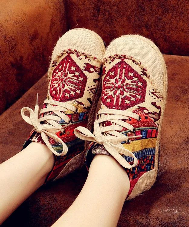 Red Jacquard Cotton Linen Fabric For Women Splicing Flat Feet Shoes