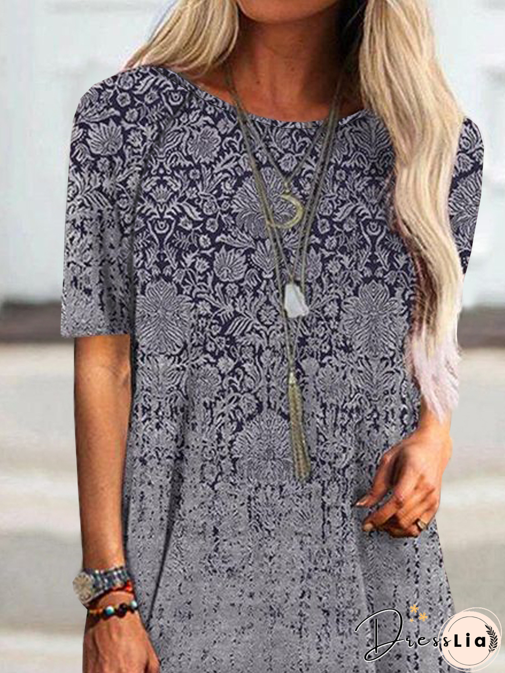 Boho Geometric Tribal Floral Loosen Crew Neck Tunic Short Sleeve T-Shirt
