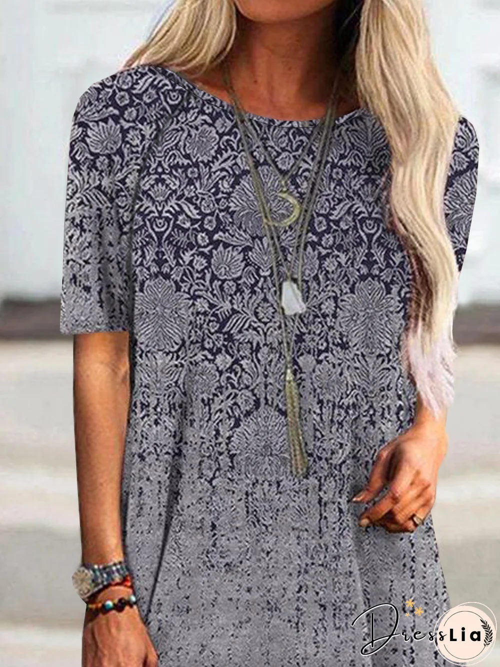 Boho Geometric Tribal Floral Loosen Crew Neck Tunic Short Sleeve T-Shirt