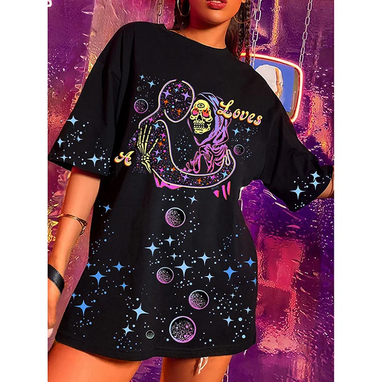 Graffiti printed short-sleeved mid-length loose-fitting trendy street women's T-shirt Techwear Shop